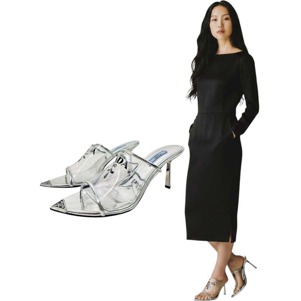 Prada Plex Transparent Pvc Triangle Logo Mule Sandals Silver Size 38.5
